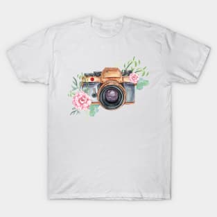 Watercolor camera, watercolor flowers,  photographer gift, photography, camera, flowers T-Shirt